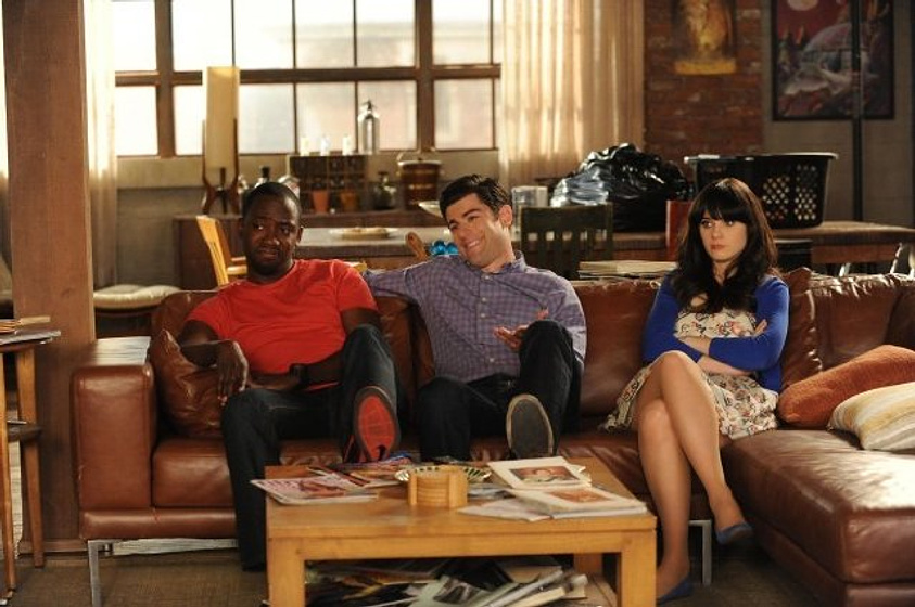 Zooey Deschanel, Max Greenfield y Lamorne Morris en New Girl