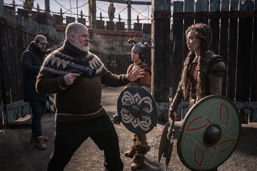 Dean DeBlois, Nico Parker y Gabriel Howell en Cómo entrenar a tu Dragón (Rodaje)