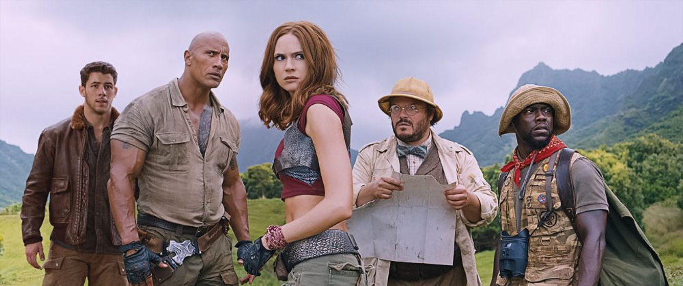 Jack Black, Dwayne Johnson, Kevin Hart, Nick Jonas y Karen Gillan en Jumanji. Bienvenidos a la Jungla