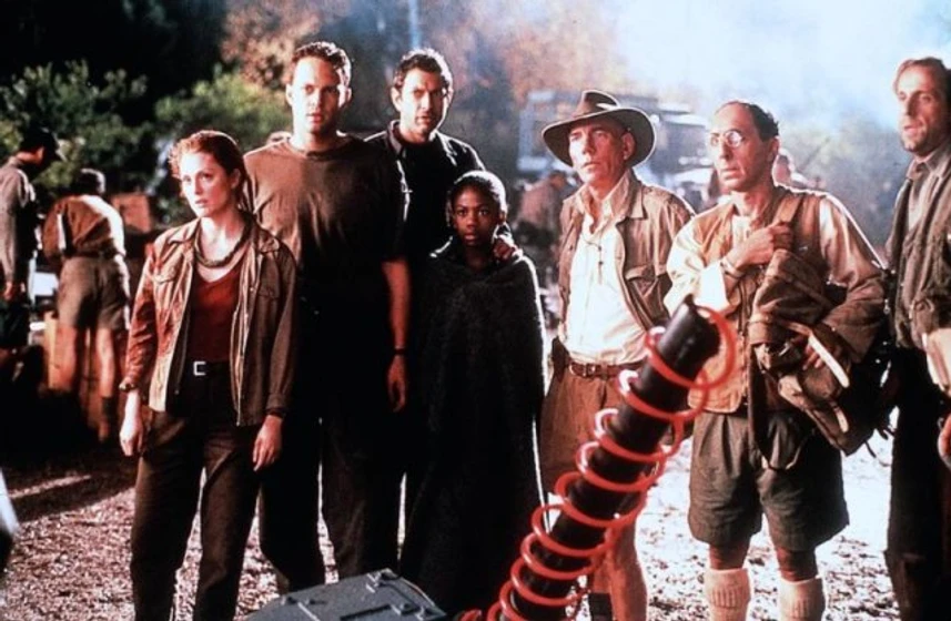 Peter Stormare, Vince Vaughn, Pete Postlethwaite, Jeff Goldblum y Vanessa Lee Chester en Parque Jurásico 2: El Mundo Perdido