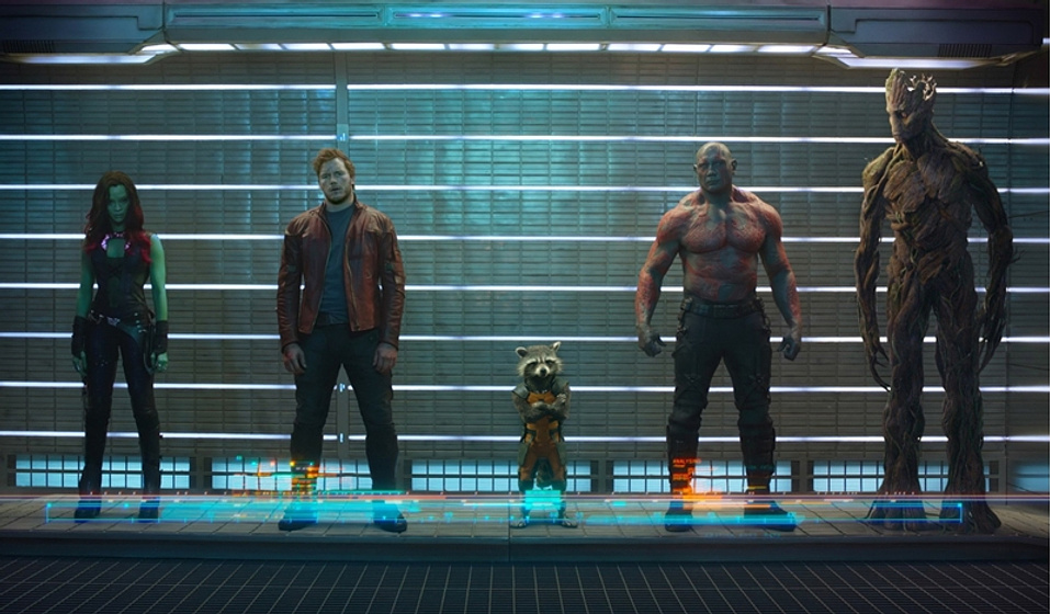 Vin Diesel, Zoe Saldana, Bradley Cooper, Chris Pratt y Dave Bautista en Guardianes de la Galaxia
