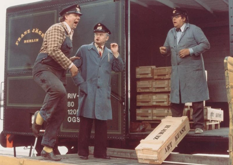 Ove Sprogøe, Morten Grunwald y Poul Bundgaard en the-olsen-gang-on-the-track