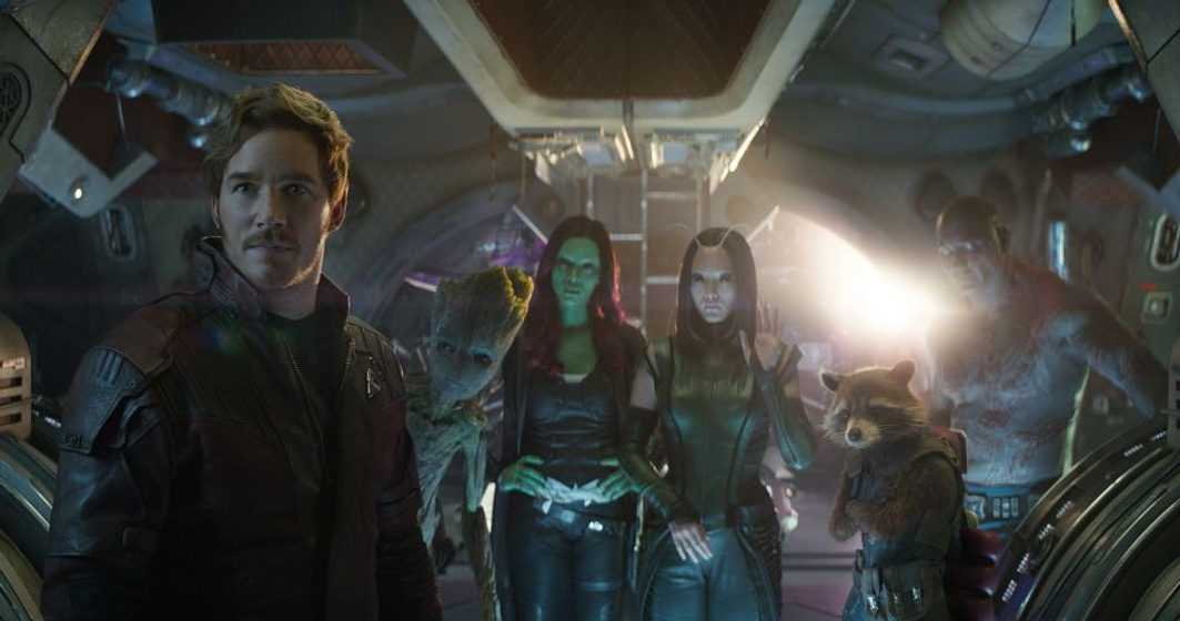 Zoe Saldana, Chris Pratt y Pom Klementieff en Vengadores. Infinity War