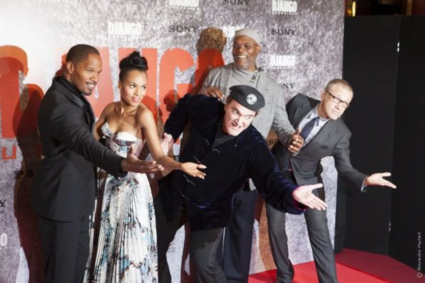 Samuel L. Jackson, Quentin Tarantino, Jamie Foxx, Kerry Washington y Christoph Waltz en Django Desencadenado (Premiere en Paris. Diciembre 2012)