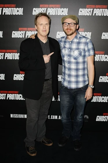 Brad Bird y Simon Pegg en Misión: Imposible. Protocolo fantasma (Premiere en Australia. Diciembre 2012)