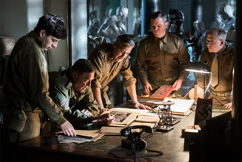 George Clooney, John Goodman, Matt Damon, Bob Balaban y Dimitri Leonidas en Monuments Men