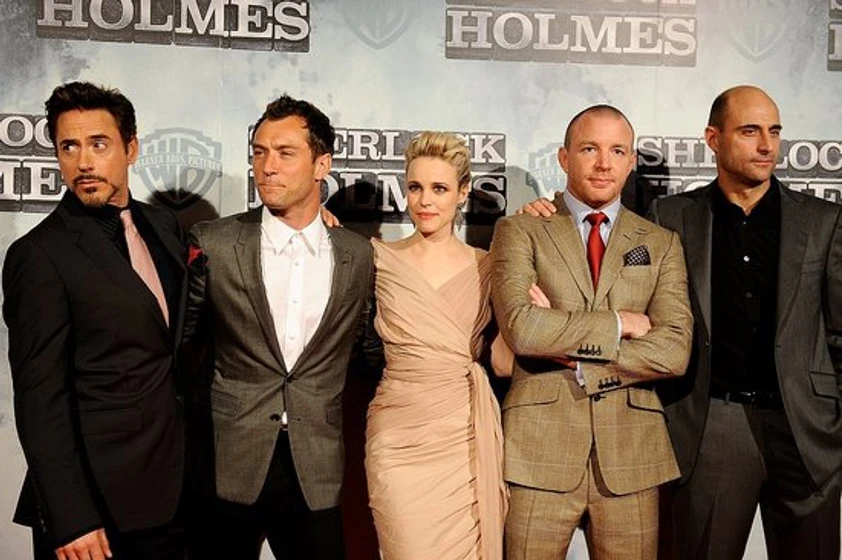 Jude Law, Guy Ritchie, Rachel McAdams, Robert Downey Jr. y Mark Strong en sherlock-holmes-2009 (Premiere Madrid 2010)