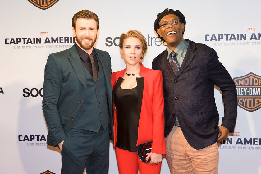 Samuel L. Jackson, Scarlett Johansson y Chris Evans en Capitán América. El Soldado de Invierno (Premiere en Paris. Marzo 2014)