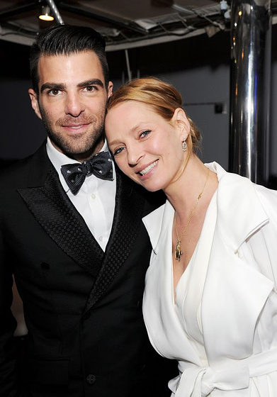 Uma Thurman y Zachary Quinto en Cuando todo está perdido (Fiesta en Cannes. 2013)