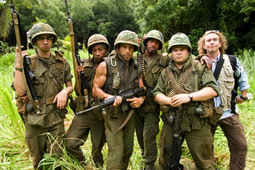 Steve Coogan, Ben Stiller, Jack Black y Robert Downey Jr. en Tropic Thunder. ¡Una Guerra Muy Perra!