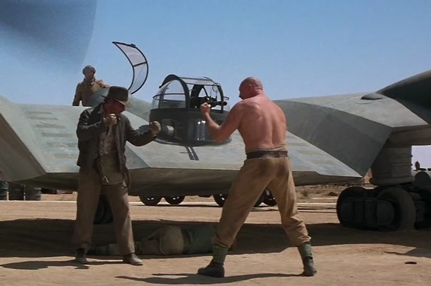 Harrison Ford, Frank Marshall y Pat Roach en Indiana Jones en Busca del Arca Perdida
