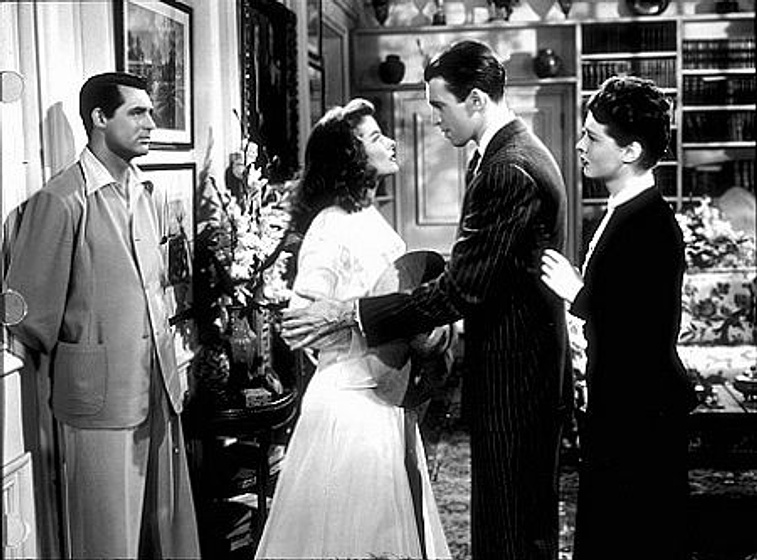 James Stewart, Cary Grant, Katharine Hepburn y Ruth Hussey en Historias de Filadelfia