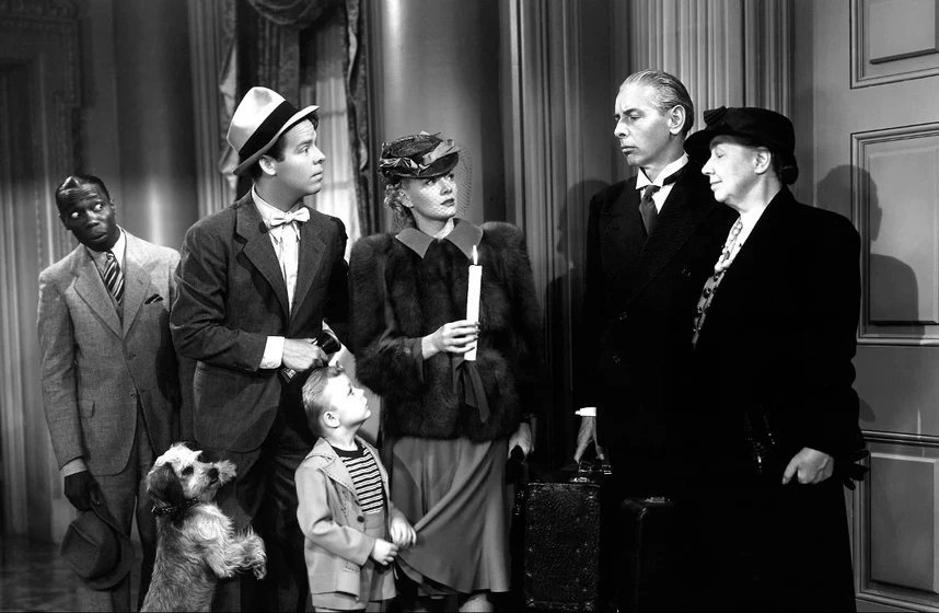 Arthur Lake, Penny Singleton, Ray Turner y Larry Simms en blondie-has-servant-trouble
