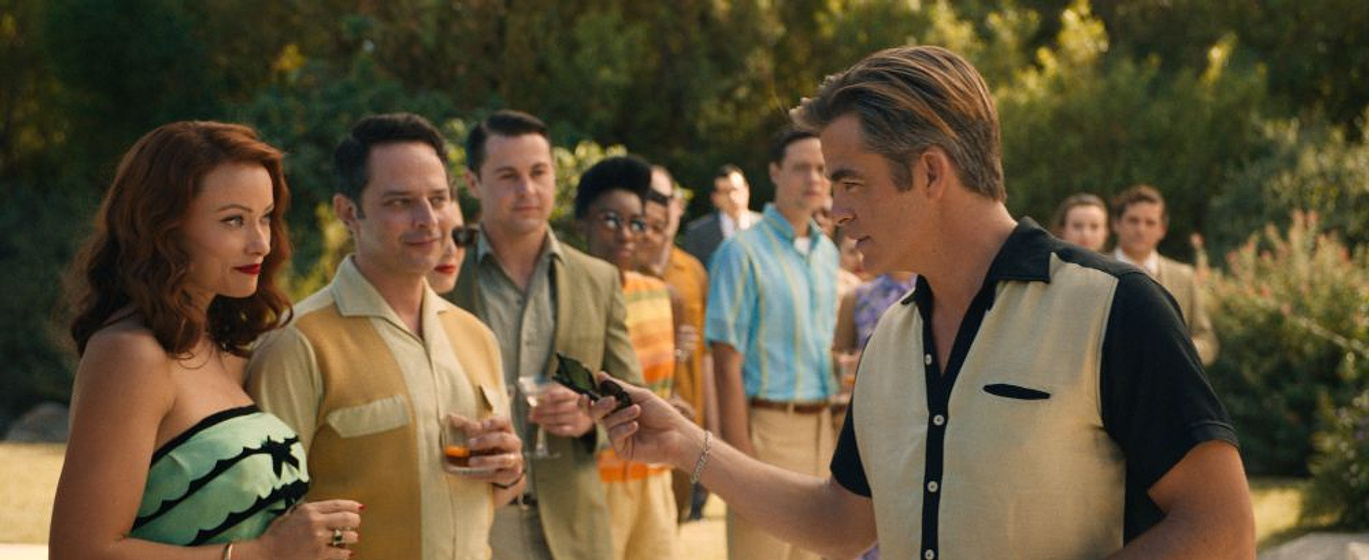 Chris Pine, Olivia Wilde y Nick Kroll en No te Preocupes Querida