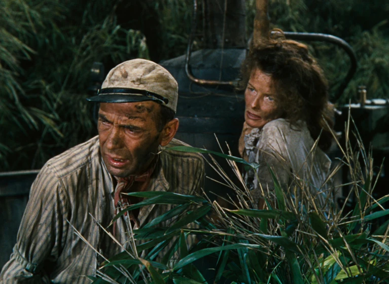 Humphrey Bogart y Katharine Hepburn en la-reina-de-africa