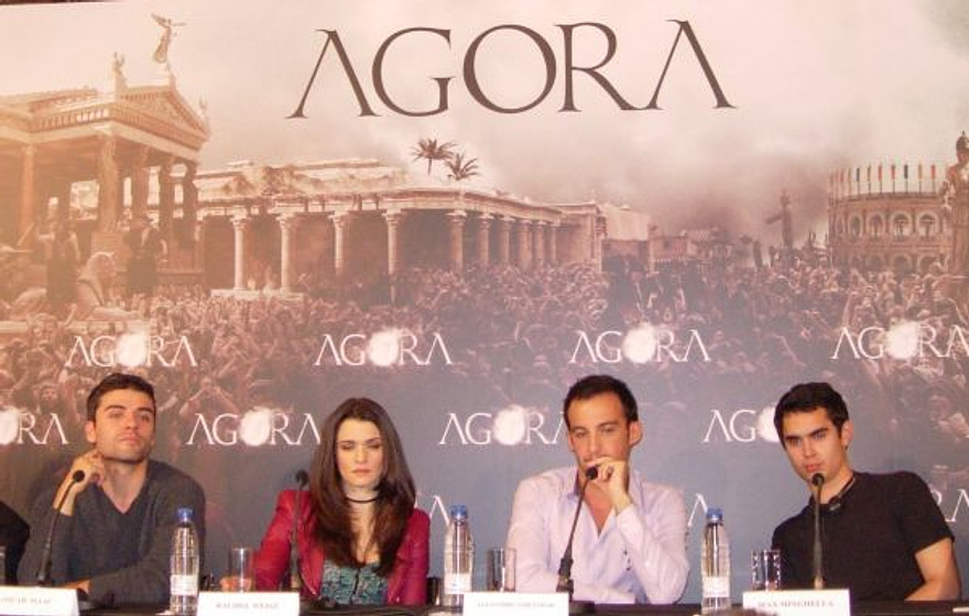 Alejandro Amenábar, Rachel Weisz, Max Minghella y Oscar Isaac en Ágora (Rueda de prensa en Madrid. Octubre 2009)