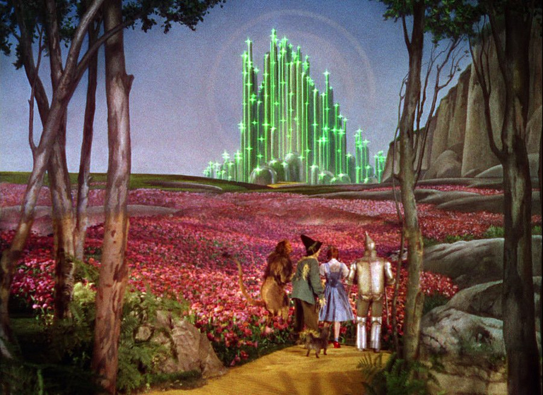 Judy Garland, Ray Bolger, Bert Lahr y Jack Haley en El Mago de Oz