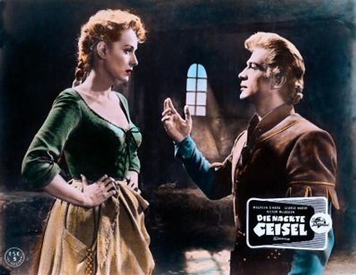 Maureen O'Hara y George Nader en Lady Godiva (Fotograma alemán)