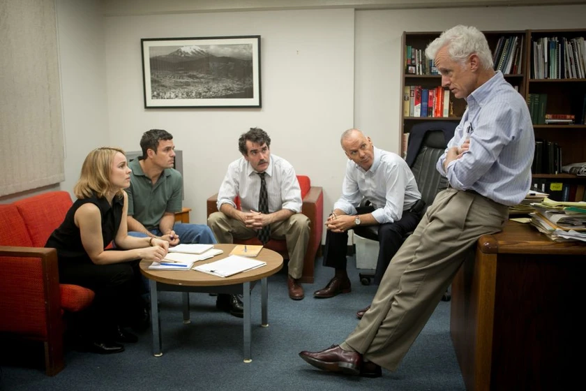 Michael Keaton, Rachel McAdams, Mark Ruffalo, John Slattery y Brian d'Arcy James en spotlight