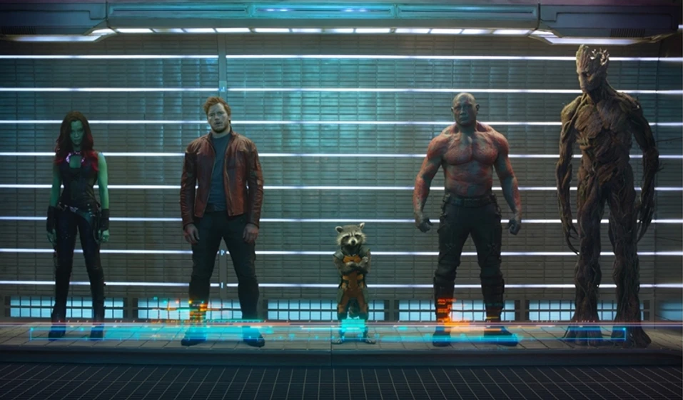 Vin Diesel, Zoe Saldana, Bradley Cooper, Chris Pratt y Dave Bautista en Guardianes de la Galaxia