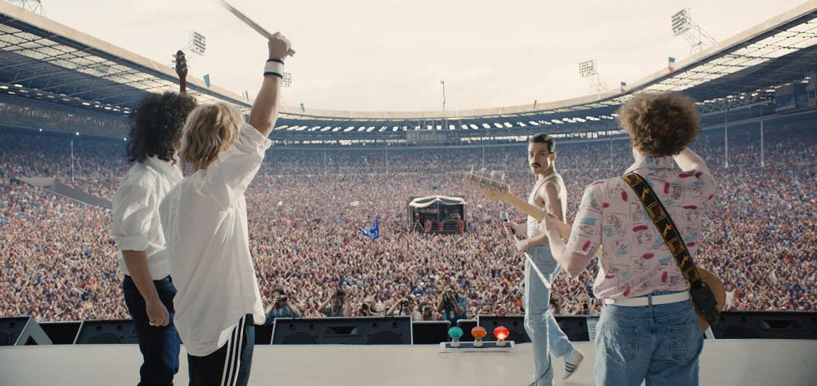Joseph Mazzello, Rami Malek, Ben Hardy y Gwilym Lee en Bohemian Rhapsody