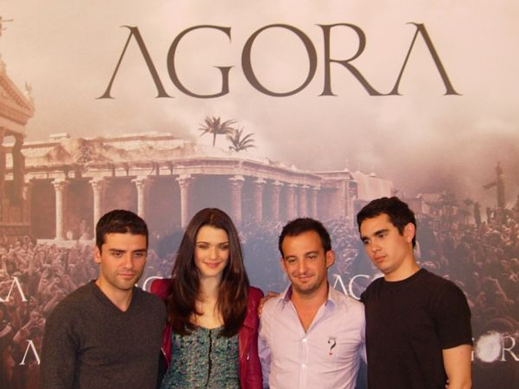 Alejandro Amenábar, Rachel Weisz, Max Minghella y Oscar Isaac en Ágora (Rueda de prensa en Madrid. Octubre 2009)