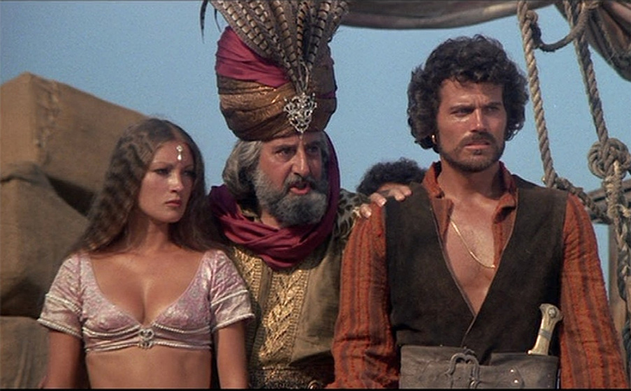 Patrick Wayne, Jane Seymour y Bruno Barnabe en simbad-y-el-ojo-del-tigre