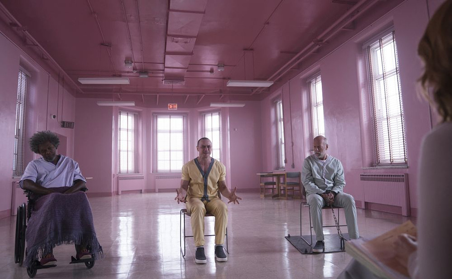 Samuel L. Jackson, Bruce Willis y James McAvoy en Glass (Cristal)