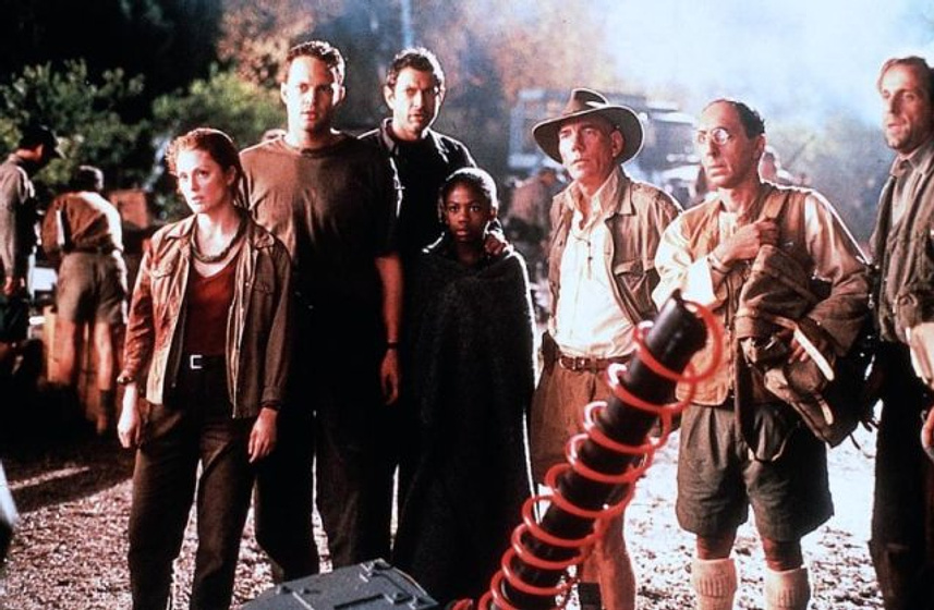 Peter Stormare, Vince Vaughn, Pete Postlethwaite, Jeff Goldblum y Vanessa Lee Chester en Parque Jurásico 2: El Mundo Perdido