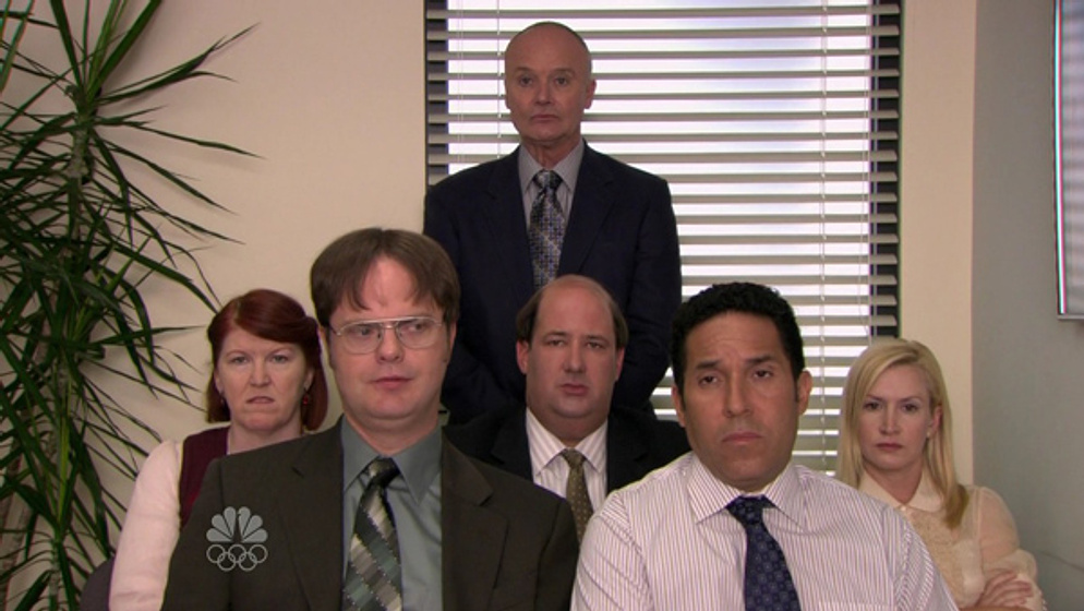 Rainn Wilson, Brian Baumgartner, Angela Kinsey, Kate Flannery, Oscar Nuñez y Creed Bratton en The Office