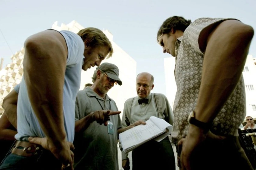 Eric Bana, Steven Spielberg, Daniel Craig y Hanns Zischler en munich