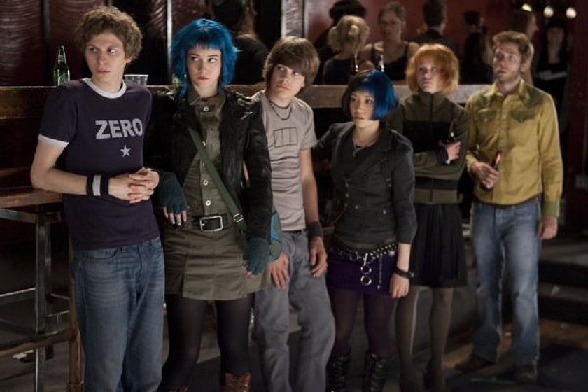 Mark Webber, Alison Pill, Mary Elizabeth Winstead, Michael Cera, Johnny Simmons y Ellen Wong en Scott Pilgrim contra el mundo