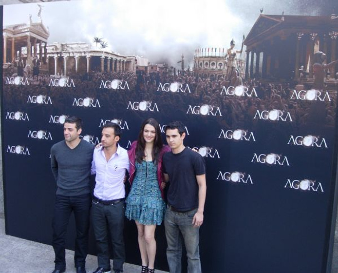 Alejandro Amenábar, Rachel Weisz, Max Minghella y Oscar Isaac en Ágora (Photocall en Madrid. Octubre 2009)