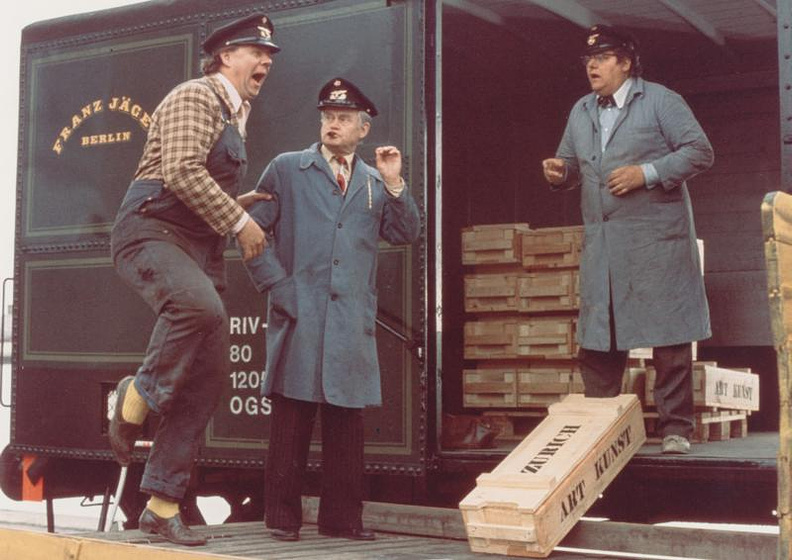 Ove Sprogøe, Morten Grunwald y Poul Bundgaard en the-olsen-gang-on-the-track