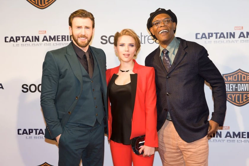 Samuel L. Jackson, Scarlett Johansson y Chris Evans en capitan-america-el-soldado-de-invierno (Premiere en Paris. Marzo 2014)