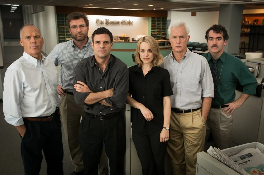 Michael Keaton, Liev Schreiber, Rachel McAdams, Mark Ruffalo, John Slattery y Brian d'Arcy James en spotlight
